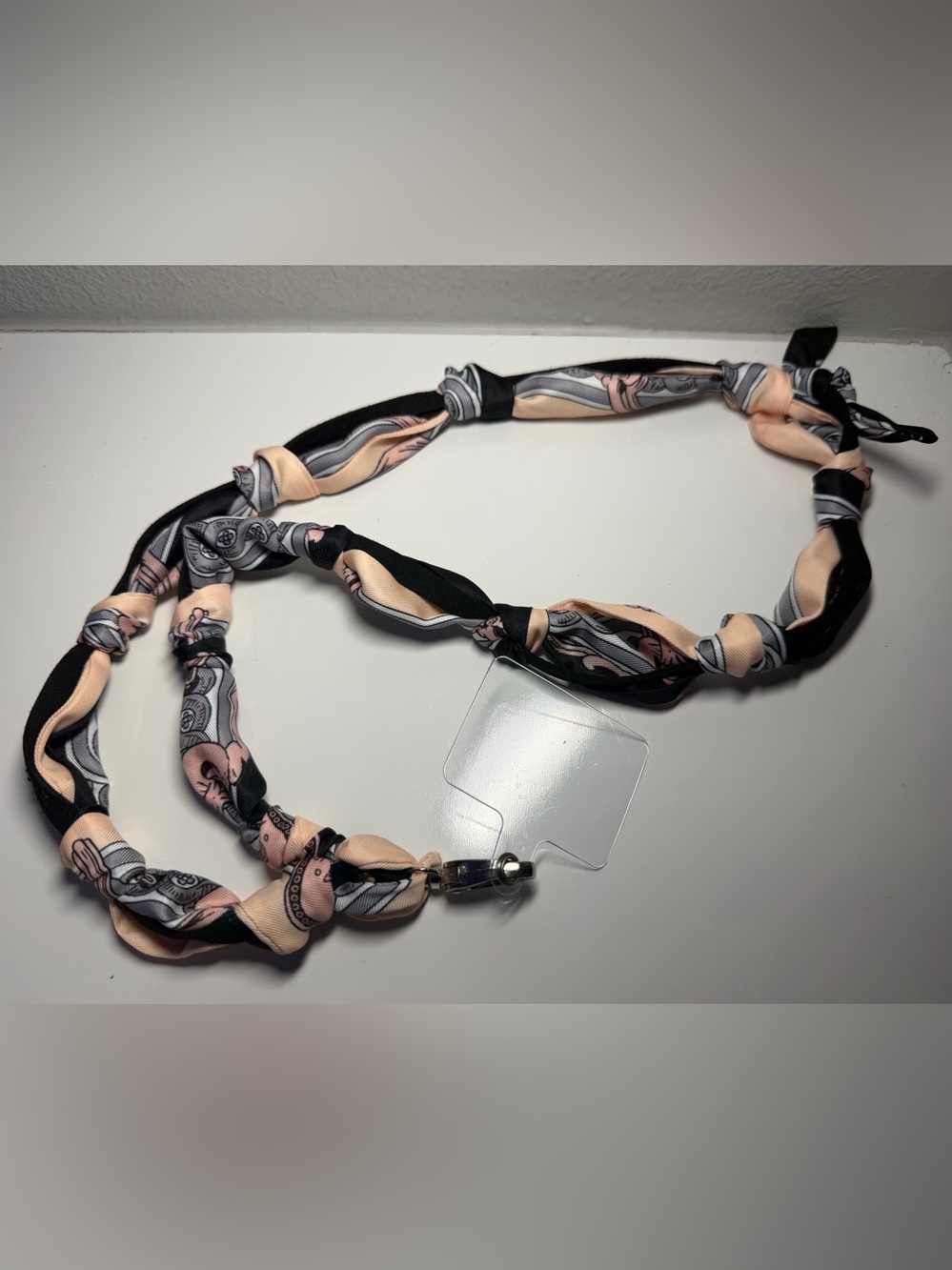 Silk-Twilly Pink and Black tied onto a leather lanyard holder/cell phone cord. - Picture 11 of 12